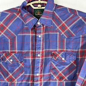 McGregor Western Shirt Men L Blue Red Plaid Pearl Snaps Button Up Cotton Blend
